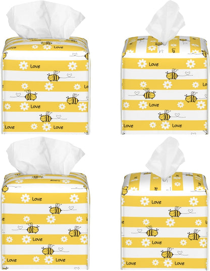 Cute Bees and Daisy Flowers Tissue Box Cover Square,Yellow Bee Daisies Love Tissue Box Holder Waterproof Leather Facial Paper Organizer Dispenser for Bathroom Home Car Nightstand Vanity Desk