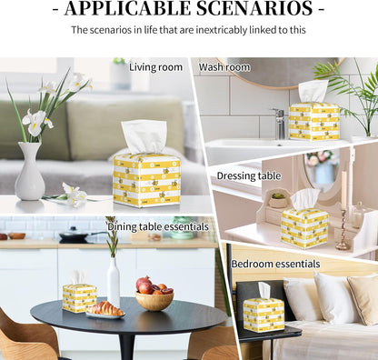 Cute Bees and Daisy Flowers Tissue Box Cover Square,Yellow Bee Daisies Love Tissue Box Holder Waterproof Leather Facial Paper Organizer Dispenser for Bathroom Home Car Nightstand Vanity Desk