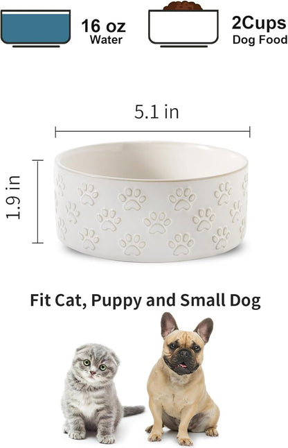 Small Dog Bowls Set of 2, 5.1 inch Ceramic Dog Dish Food Bowl, Pet Food Water Dish Feeding for Small Dogs and Large Cat, Paw Pattern, 5.1 in-Small, White