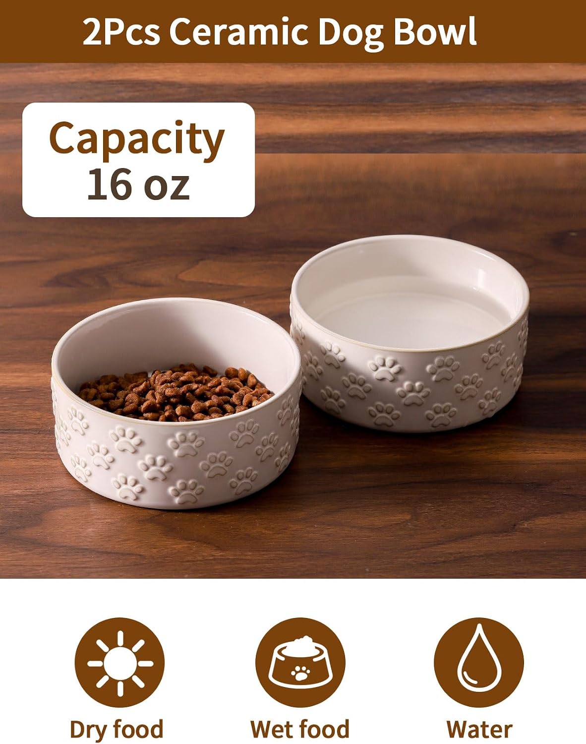 Small Dog Bowls Set of 2, 5.1 inch Ceramic Dog Dish Food Bowl, Pet Food Water Dish Feeding for Small Dogs and Large Cat, Paw Pattern, 5.1 in-Small, White