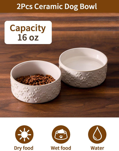Small Dog Bowls Set of 2, 5.1 inch Ceramic Dog Dish Food Bowl, Pet Food Water Dish Feeding for Small Dogs and Large Cat, Paw Pattern, 5.1 in-Small, White