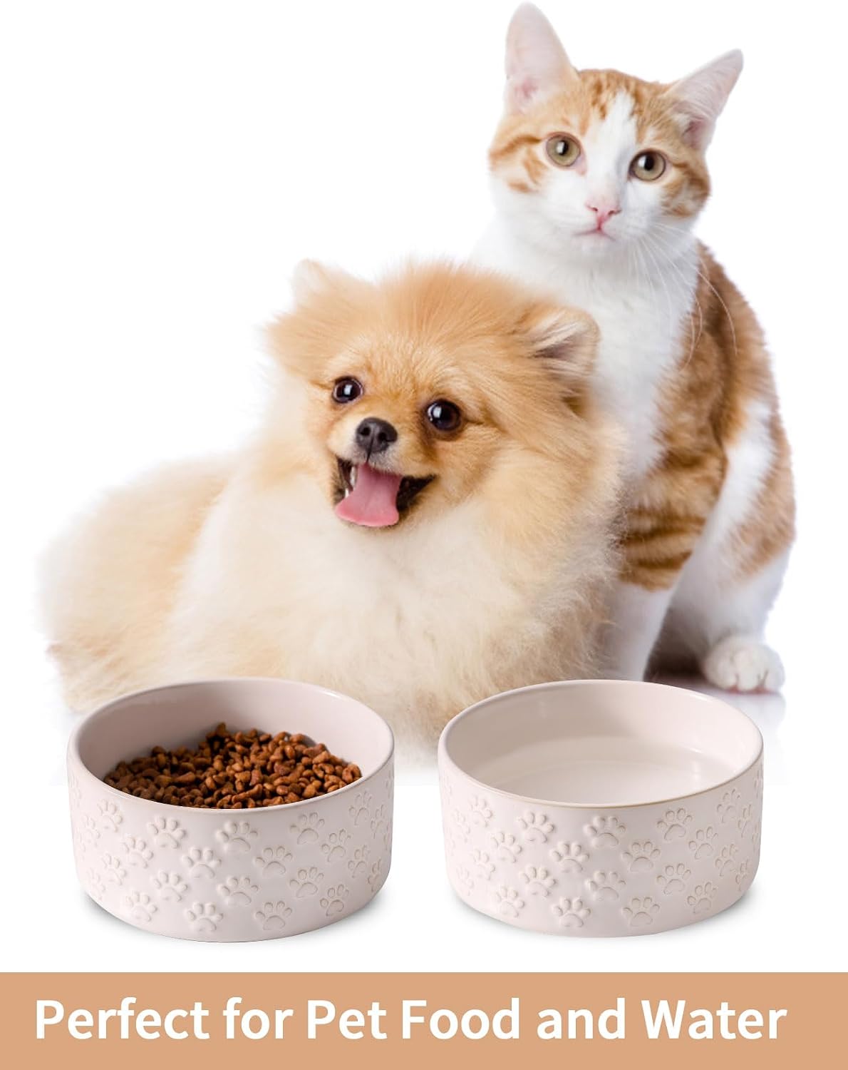 Small Dog Bowls Set of 2, 5.1 inch Ceramic Dog Dish Food Bowl, Pet Food Water Dish Feeding for Small Dogs and Large Cat, Paw Pattern, 5.1 in-Small, White