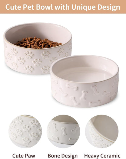 Small Dog Bowls Set of 2, 5.1 inch Ceramic Dog Dish Food Bowl, Pet Food Water Dish Feeding for Small Dogs and Large Cat, Paw Pattern, 5.1 in-Small, White