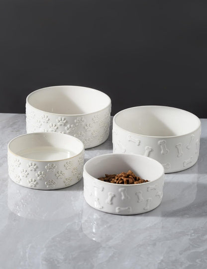 Small Dog Bowls Set of 2, 5.1 inch Ceramic Dog Dish Food Bowl, Pet Food Water Dish Feeding for Small Dogs and Large Cat, Paw Pattern, 5.1 in-Small, White