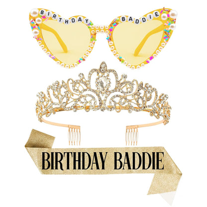 Birthday Baddie Glasses Sash Tiara Yellow Crown for Women Girls | 3 Pcs Birthday Queen Elegant Princess Headband Hair Accessories Happy Birth Party Decorations 21st-90th Mom Birth Gifts