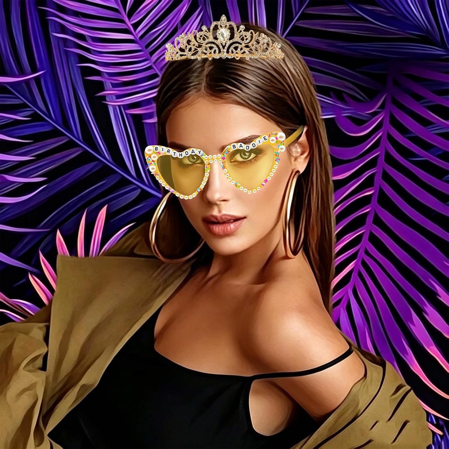 Birthday Baddie Glasses Sash Tiara Yellow Crown for Women Girls | 3 Pcs Birthday Queen Elegant Princess Headband Hair Accessories Happy Birth Party Decorations 21st-90th Mom Birth Gifts