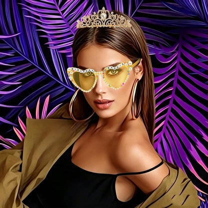 Birthday Baddie Glasses Sash Tiara Yellow Crown for Women Girls | 3 Pcs Birthday Queen Elegant Princess Headband Hair Accessories Happy Birth Party Decorations 21st-90th Mom Birth Gifts