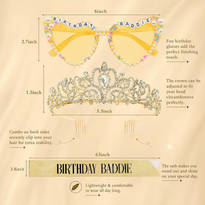 Birthday Baddie Glasses Sash Tiara Yellow Crown for Women Girls | 3 Pcs Birthday Queen Elegant Princess Headband Hair Accessories Happy Birth Party Decorations 21st-90th Mom Birth Gifts