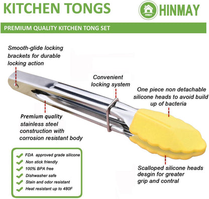 7-Inch Mini Tongs with Silicone Tips, Set of 3 (Yellow) | 7-Inch Small Serving Tongs