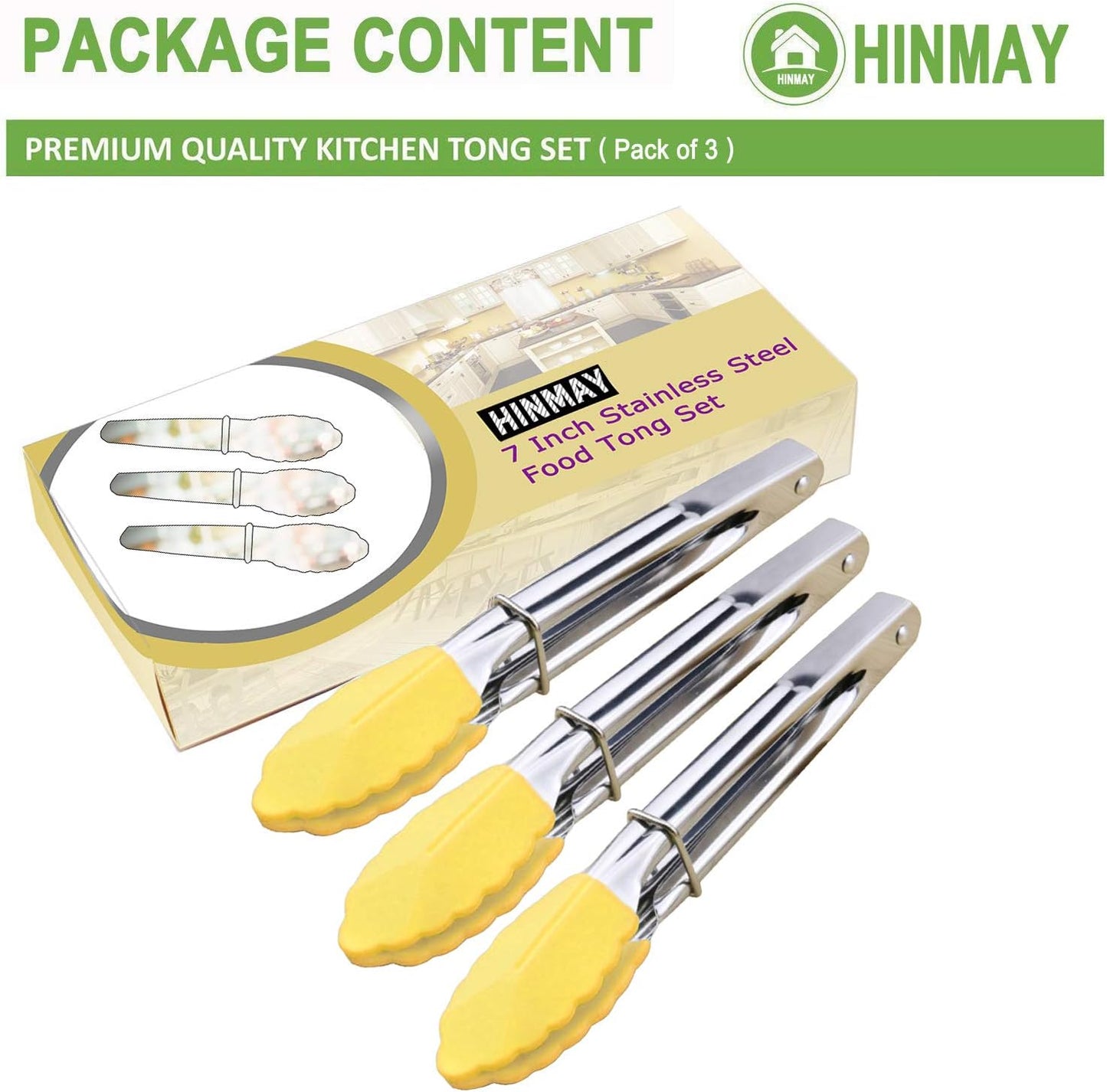 7-Inch Mini Tongs with Silicone Tips, Set of 3 (Yellow) | 7-Inch Small Serving Tongs