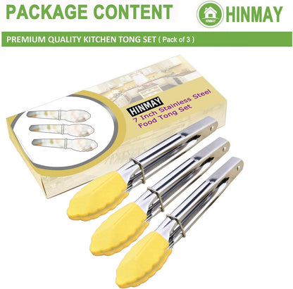 7-Inch Mini Tongs with Silicone Tips, Set of 3 (Yellow) | 7-Inch Small Serving Tongs