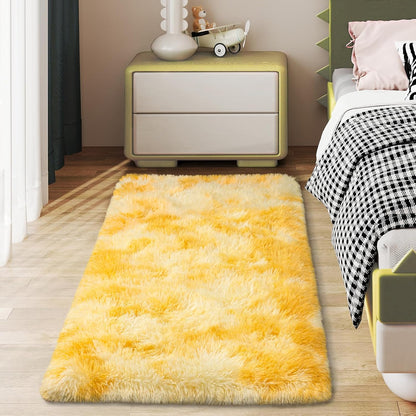 Soft Runner Rugs for Bedroom Hallways, 2x4 Tie-Dyed Yellow Fluffy Shag Throw Area Rug Non Slip for Bedside Dorm, Long Shaggy Furry Carpet for Nursery Living Room