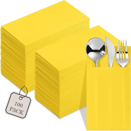 100-Pack Disposable Napkins With Pocket For Flatware, Yellow Napkins Paper For Wedding, Dinner Or Party, Built-In Pocket For Silverware, Prefolded