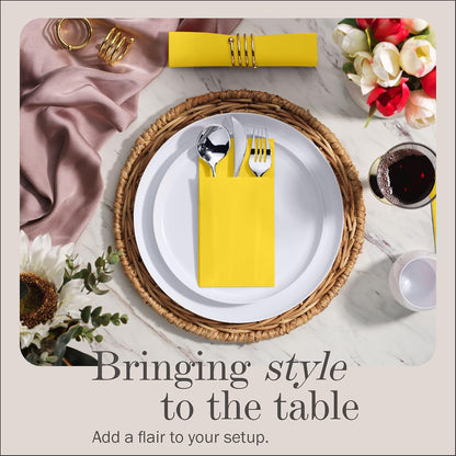 100-Pack Disposable Napkins With Pocket For Flatware, Yellow Napkins Paper For Wedding, Dinner Or Party, Built-In Pocket For Silverware, Prefolded