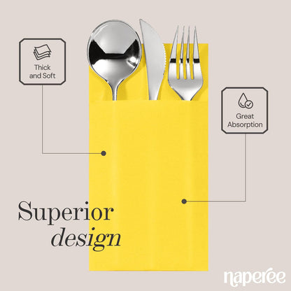 100-Pack Disposable Napkins With Pocket For Flatware, Yellow Napkins Paper For Wedding, Dinner Or Party, Built-In Pocket For Silverware, Prefolded
