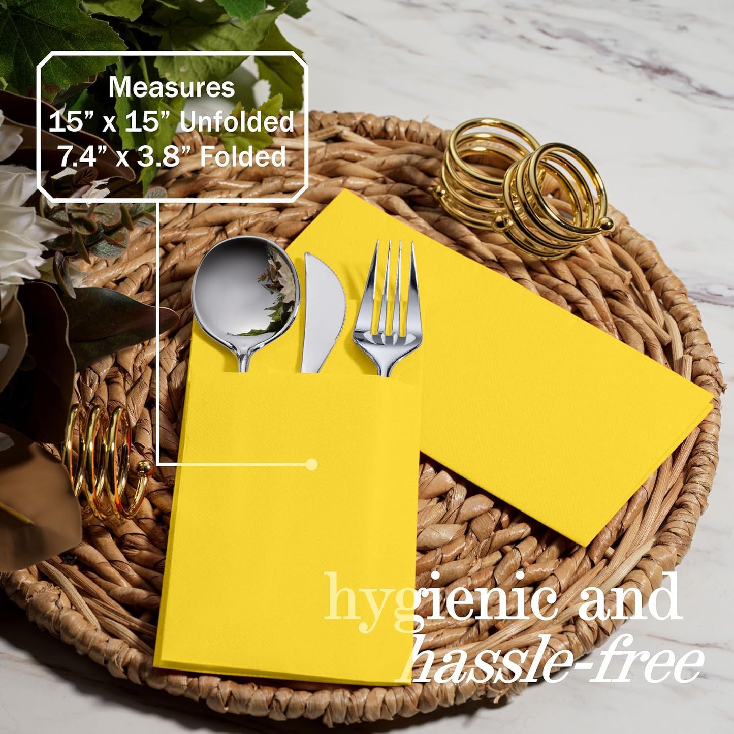 100-Pack Disposable Napkins With Pocket For Flatware, Yellow Napkins Paper For Wedding, Dinner Or Party, Built-In Pocket For Silverware, Prefolded