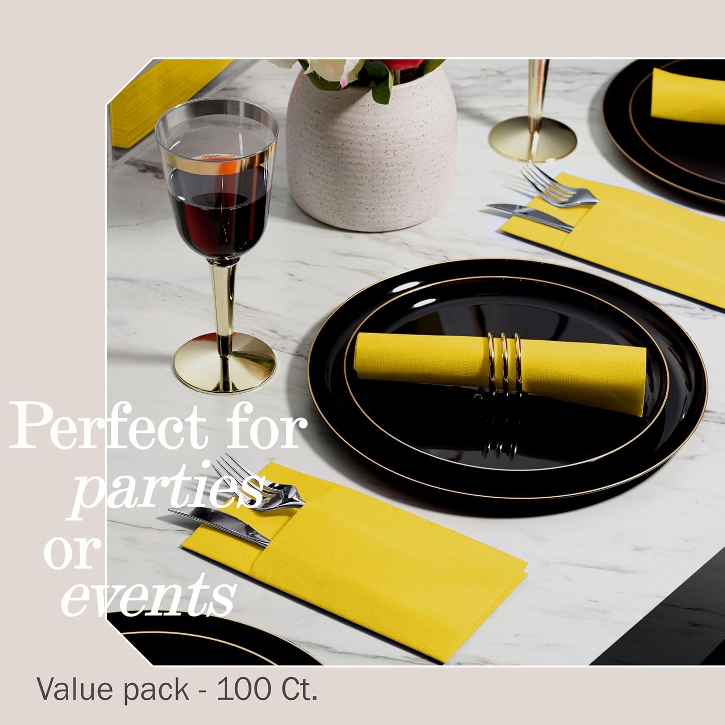 100-Pack Disposable Napkins With Pocket For Flatware, Yellow Napkins Paper For Wedding, Dinner Or Party, Built-In Pocket For Silverware, Prefolded