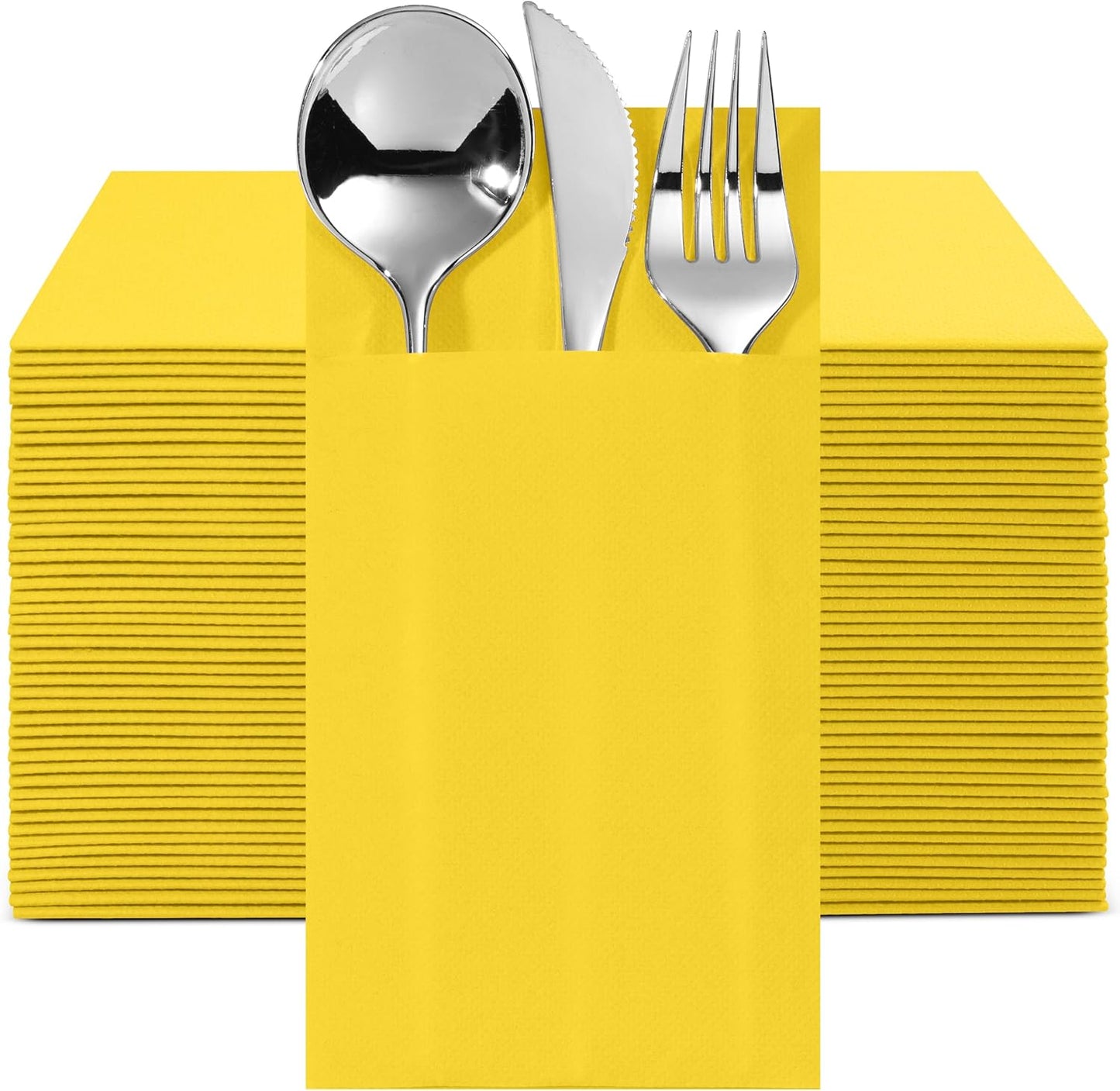 100-Pack Disposable Napkins With Pocket For Flatware, Yellow Napkins Paper For Wedding, Dinner Or Party, Built-In Pocket For Silverware, Prefolded