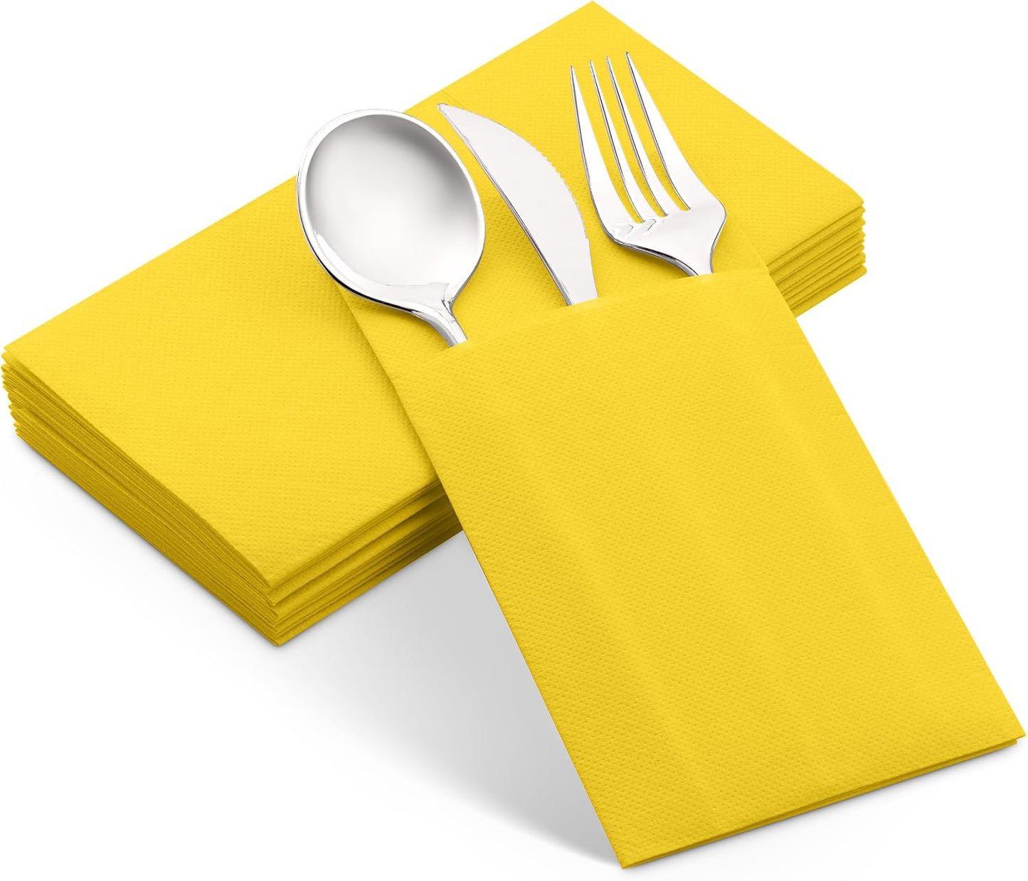 100-Pack Disposable Napkins With Pocket For Flatware, Yellow Napkins Paper For Wedding, Dinner Or Party, Built-In Pocket For Silverware, Prefolded