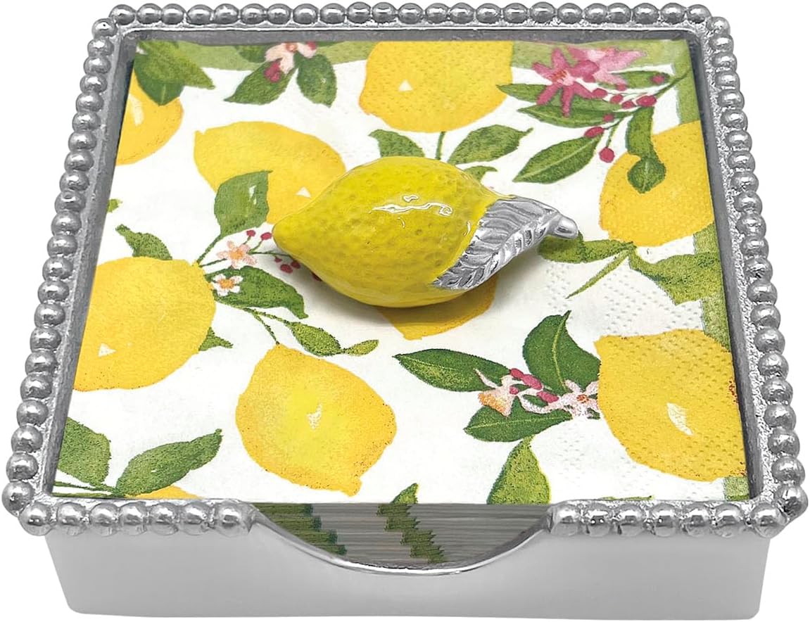 YELLOW LEMON BEADED NAPKIN BOX SET | SILVER | BRILLANTE | GIFTS | NAPKIN BOX & WEIGHT SET | RECYCLED SANDCAST ALUMINUM | HANDMADE IN MEXICO