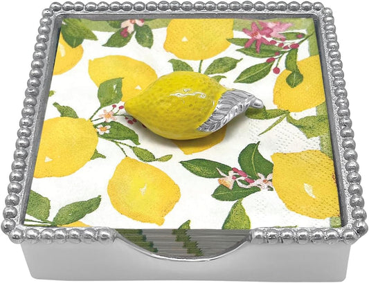 YELLOW LEMON BEADED NAPKIN BOX SET | SILVER | BRILLANTE | GIFTS | NAPKIN BOX & WEIGHT SET | RECYCLED SANDCAST ALUMINUM | HANDMADE IN MEXICO