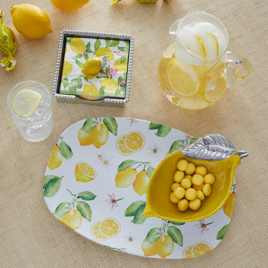 YELLOW LEMON BEADED NAPKIN BOX SET | SILVER | BRILLANTE | GIFTS | NAPKIN BOX & WEIGHT SET | RECYCLED SANDCAST ALUMINUM | HANDMADE IN MEXICO