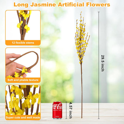 5Pcs 29.5" Yellow Artificial Jasmine Flowers Stem for Vase DIY Wreath Decor | Faux Jasmine Flower Bouquet Long Stems Tall Vase Filler Pussy Willow Branches Spring Home Wedding Table Centerpieces Decor