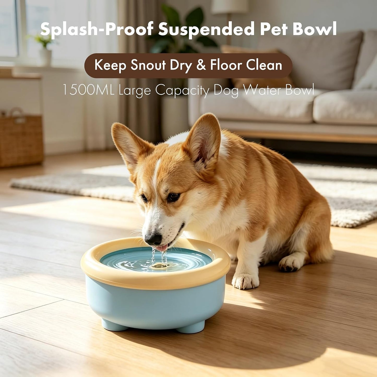 51oz (1.5L) Floating Disk No-Spill Dog Water Bowl, Anti Splash Slow Water Feeder, No-Slip Pet Dispenser for Messy Drinkers, Indoor Outdoor Car Travel, Dogs Cats (Blue and Yellow)