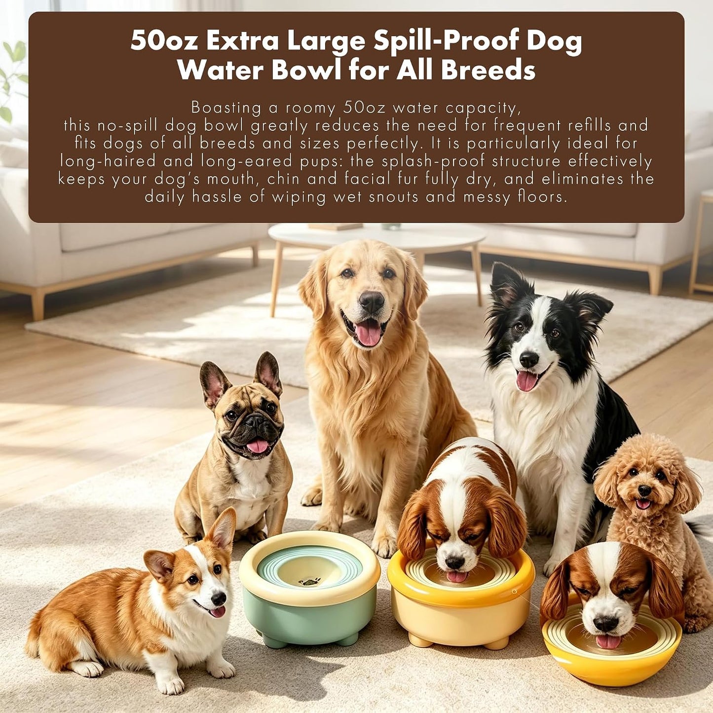 51oz (1.5L) Floating Disk No-Spill Dog Water Bowl, Anti Splash Slow Water Feeder, No-Slip Pet Dispenser for Messy Drinkers, Indoor Outdoor Car Travel, Dogs Cats (Blue and Yellow)
