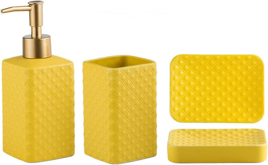 Bathroom Accessories Set, 3 or 4-Piece Ceramic Bathroom Accessory Set,Soap Dispenser,Toothbrush Holders Set,Tumbler,Soap Dish Embossed Matte Bathroom for Modern Bathrooms (Yellow 3-Piece Suit)