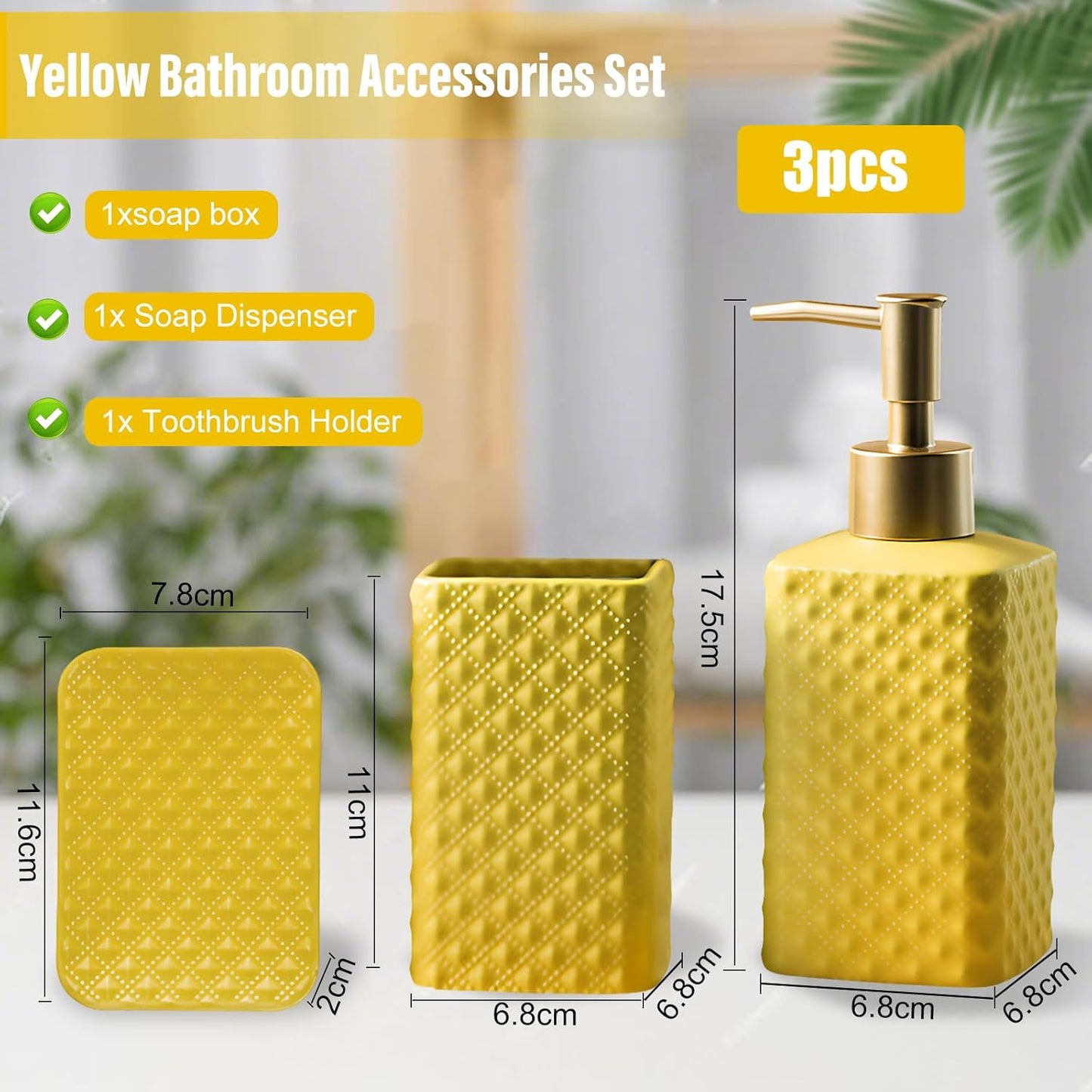 Bathroom Accessories Set, 3 or 4-Piece Ceramic Bathroom Accessory Set,Soap Dispenser,Toothbrush Holders Set,Tumbler,Soap Dish Embossed Matte Bathroom for Modern Bathrooms (Yellow 3-Piece Suit)