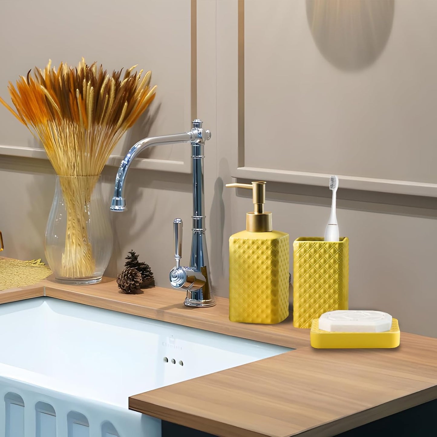 Bathroom Accessories Set, 3 or 4-Piece Ceramic Bathroom Accessory Set,Soap Dispenser,Toothbrush Holders Set,Tumbler,Soap Dish Embossed Matte Bathroom for Modern Bathrooms (Yellow 3-Piece Suit)