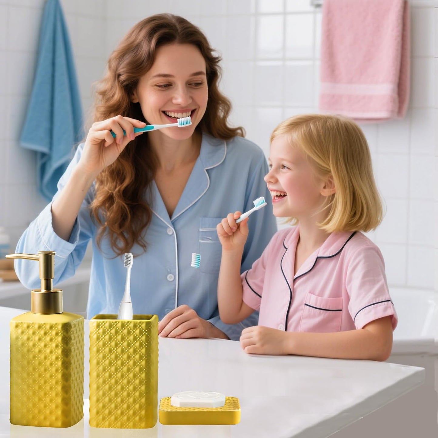 Bathroom Accessories Set, 3 or 4-Piece Ceramic Bathroom Accessory Set,Soap Dispenser,Toothbrush Holders Set,Tumbler,Soap Dish Embossed Matte Bathroom for Modern Bathrooms (Yellow 3-Piece Suit)