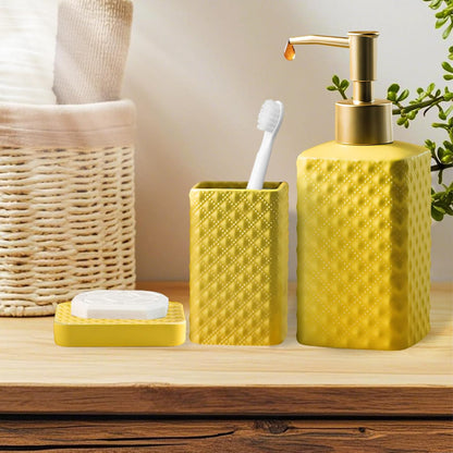 Bathroom Accessories Set, 3 or 4-Piece Ceramic Bathroom Accessory Set,Soap Dispenser,Toothbrush Holders Set,Tumbler,Soap Dish Embossed Matte Bathroom for Modern Bathrooms (Yellow 3-Piece Suit)