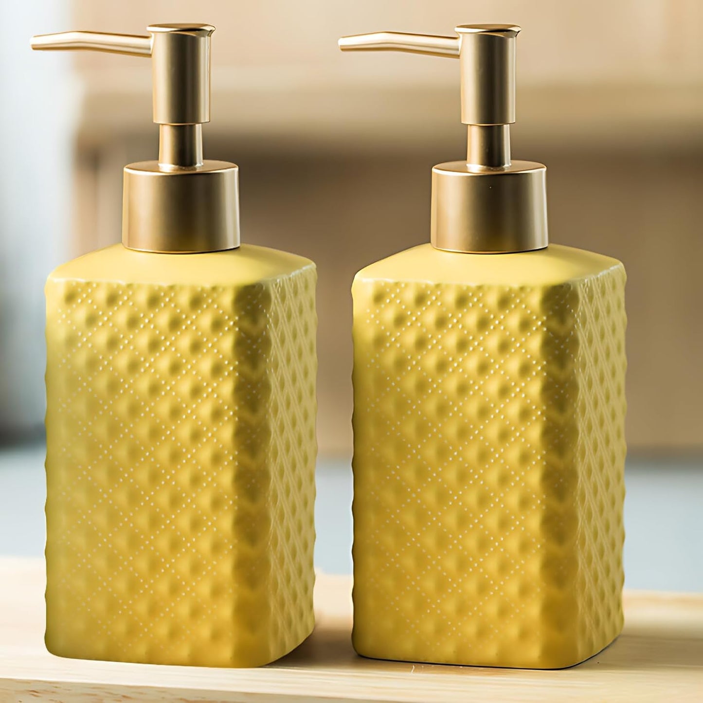 Bathroom Accessories Set, 3 or 4-Piece Ceramic Bathroom Accessory Set,Soap Dispenser,Toothbrush Holders Set,Tumbler,Soap Dish Embossed Matte Bathroom for Modern Bathrooms (Yellow 3-Piece Suit)