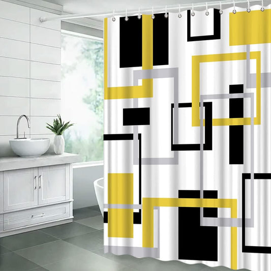 Modern Geometric Shower Curtain Yellow Gray Black Abstract Boho Geometric Aesthetic Vintage Mid Century Farmhouse Fashion 74.8" Wx70 H Bathroom Decor Curtain with Hooks