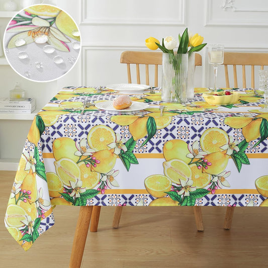 Summer Lemon Tablecloth Rectangle, Stain Resistant Lemon Table Cloth Geometric Vintage Pattern, Washable Polyester Outdoor Table Cover for Party Picnic Dinner Decor (Rectangle, 52" x 70")
