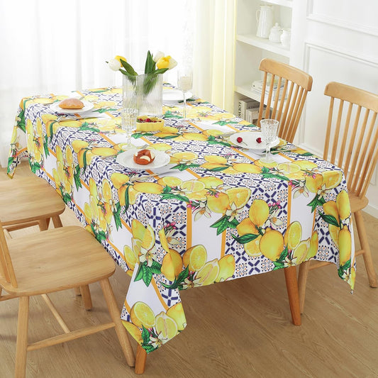 Summer Lemon Tablecloth Rectangle, Stain Resistant Lemon Table Cloth Geometric Vintage Pattern, Washable Polyester Outdoor Table Cover for Party Picnic Dinner Decor (Rectangle, 52" x 70")