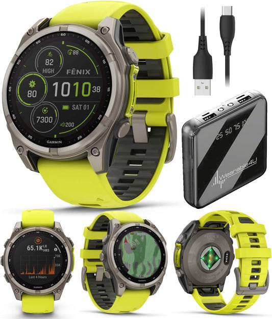 Garmin Fenix 8 – 47 mm, Solar, Multisport GPS Smartwatch, Sapphire, Titanium with Amp Yellow/Graphite Silicone, Built-in LED Flashlight, Voice Control Power Bank Bundle