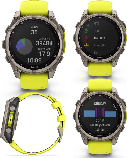 Garmin Fenix 8 – 47 mm, Solar, Multisport GPS Smartwatch, Sapphire, Titanium with Amp Yellow/Graphite Silicone, Built-in LED Flashlight, Voice Control Power Bank Bundle