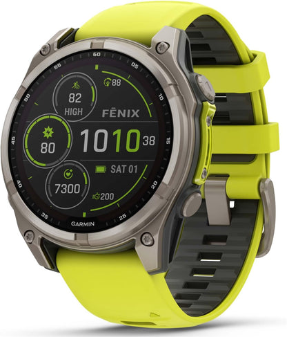 Garmin Fenix 8 – 47 mm, Solar, Multisport GPS Smartwatch, Sapphire, Titanium with Amp Yellow/Graphite Silicone, Built-in LED Flashlight, Voice Control Power Bank Bundle