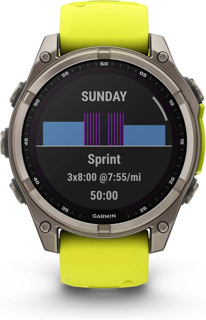 Garmin Fenix 8 – 47 mm, Solar, Multisport GPS Smartwatch, Sapphire, Titanium with Amp Yellow/Graphite Silicone, Built-in LED Flashlight, Voice Control Power Bank Bundle