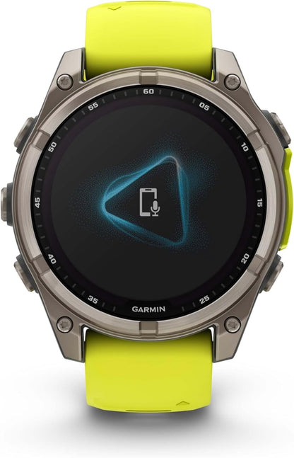 Garmin Fenix 8 – 47 mm, Solar, Multisport GPS Smartwatch, Sapphire, Titanium with Amp Yellow/Graphite Silicone, Built-in LED Flashlight, Voice Control Power Bank Bundle
