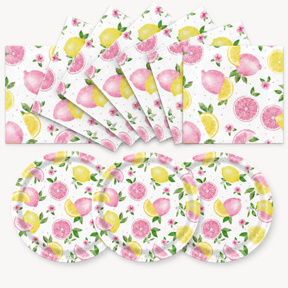40PCS Lemonade Party Decorations Tableware Set For Girls Pink Lemon Paper Plates and Napkins, Pink Lemon Fruit Themed Birthday Baby Shower Bridal Shower Party, Serves 20