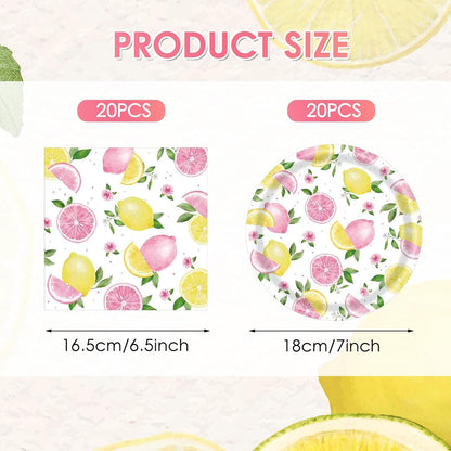 40PCS Lemonade Party Decorations Tableware Set For Girls Pink Lemon Paper Plates and Napkins, Pink Lemon Fruit Themed Birthday Baby Shower Bridal Shower Party, Serves 20