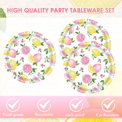 40PCS Lemonade Party Decorations Tableware Set For Girls Pink Lemon Paper Plates and Napkins, Pink Lemon Fruit Themed Birthday Baby Shower Bridal Shower Party, Serves 20