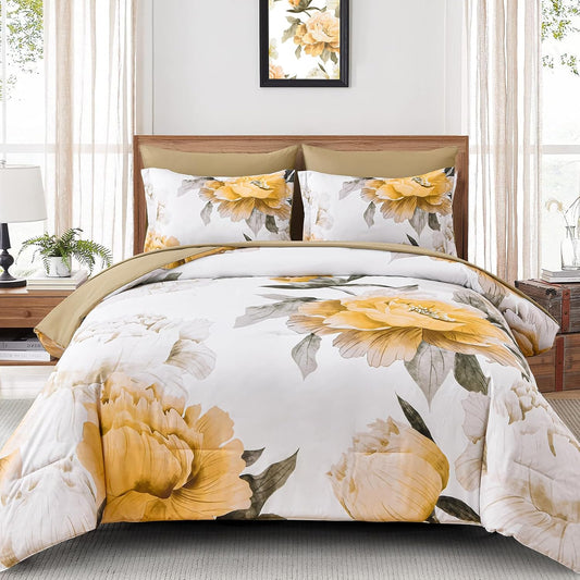 Yellow King Size Comforter Set 7 Piece Bed in a Bag, Yellow Floral Comforter Set with Sheets, Soft Microfiber Botanical Complete Bedding Set for All Season