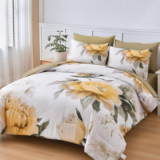 Yellow King Size Comforter Set 7 Piece Bed in a Bag, Yellow Floral Comforter Set with Sheets, Soft Microfiber Botanical Complete Bedding Set for All Season