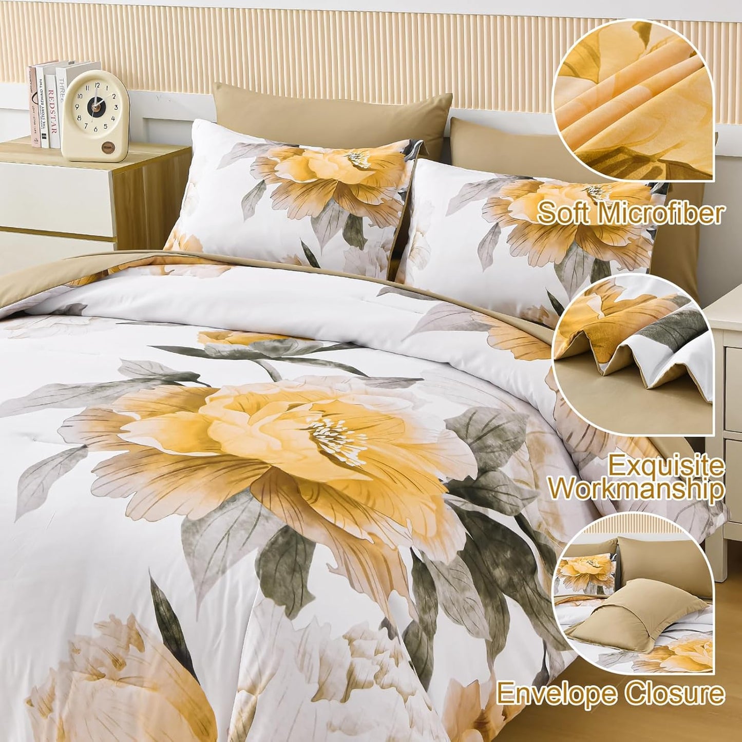 Yellow King Size Comforter Set 7 Piece Bed in a Bag, Yellow Floral Comforter Set with Sheets, Soft Microfiber Botanical Complete Bedding Set for All Season