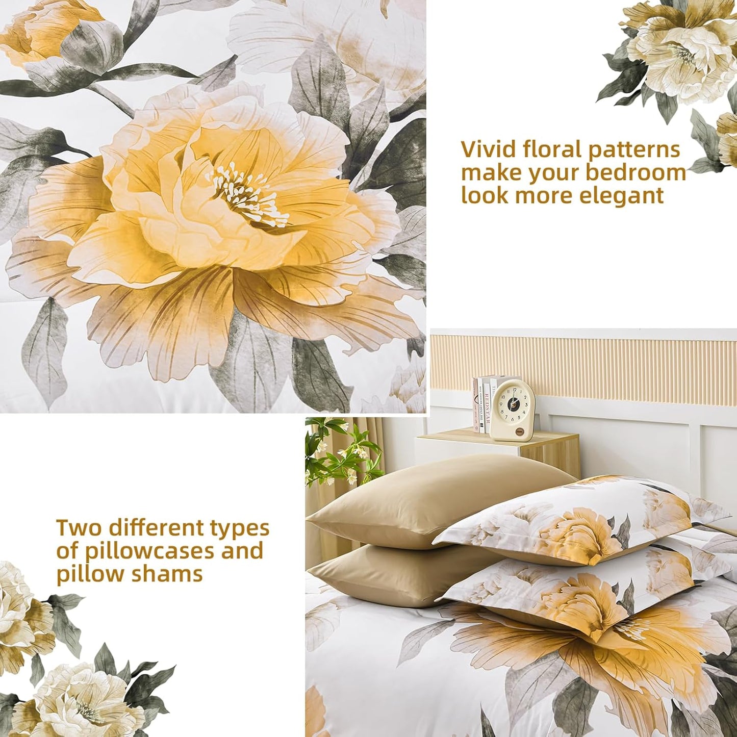 Yellow King Size Comforter Set 7 Piece Bed in a Bag, Yellow Floral Comforter Set with Sheets, Soft Microfiber Botanical Complete Bedding Set for All Season